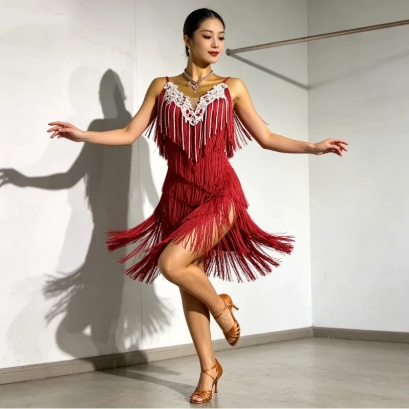 Latin Dance Competition Flower Dress with Diamond Tassel Skirt Children's Performance Dress New Performance Art Exam Dress