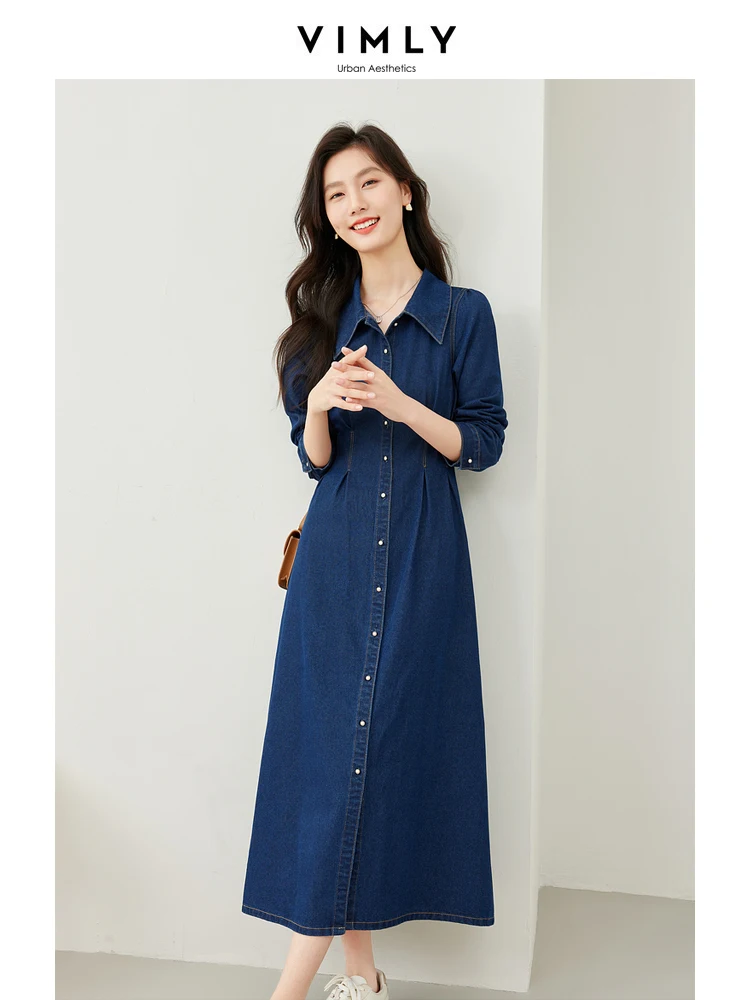 Vimly Women Cotton Washed Denim Dress Spring 2024 Retro Long Sleeves Button Up A-line Fitted Midi Dresses Woman Clothing 72981