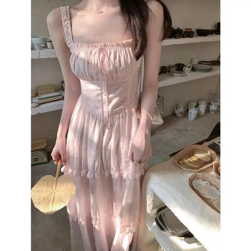 

2024 Summer Woman Sweet Pink Dot Y2k Midi Dress Casaul Sleeveless Fashion Party Dress Beach Outwear One Piece Dress Korean Chic