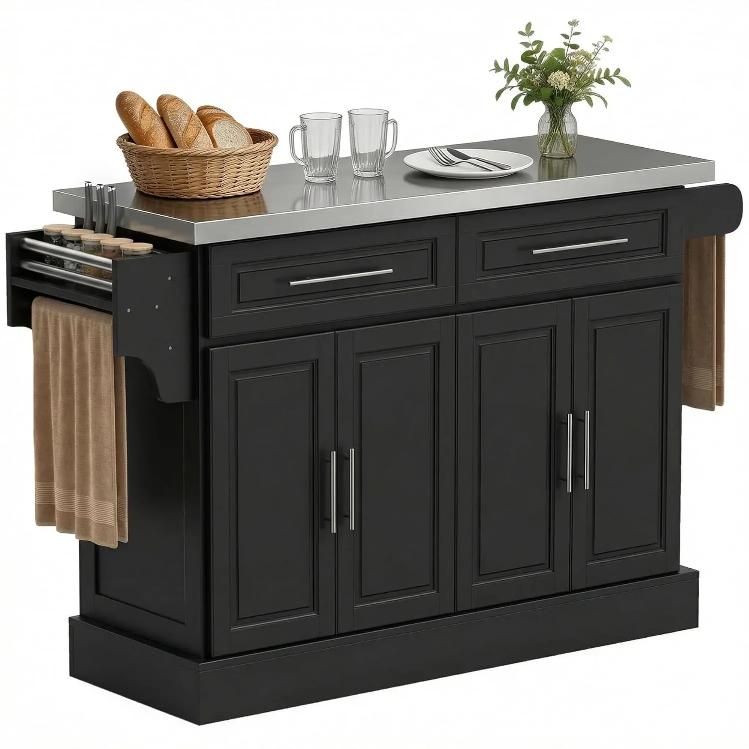 Black 47 Inch Rolling Kitchen Island Cart with Stainless Steel Top Wheels Adjus Shelves 2 Drawers and Spice Rack Sto