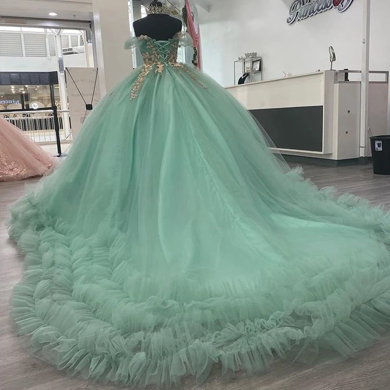 ANGELSBRIDEP Mint Green Quinceanera Dresses Beaded Flowers Appliques Lace Long Elegant Tulle Sweet 15 16 Dress Court Train