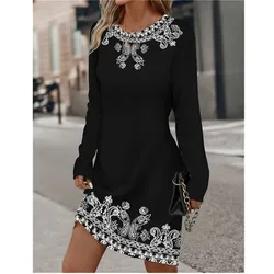 Women's Spring Round Neck Long Sleeved Plant Flower Printed Dress Vintage Gradient Casual Dress Large Size 3XL Vestidos De Muer