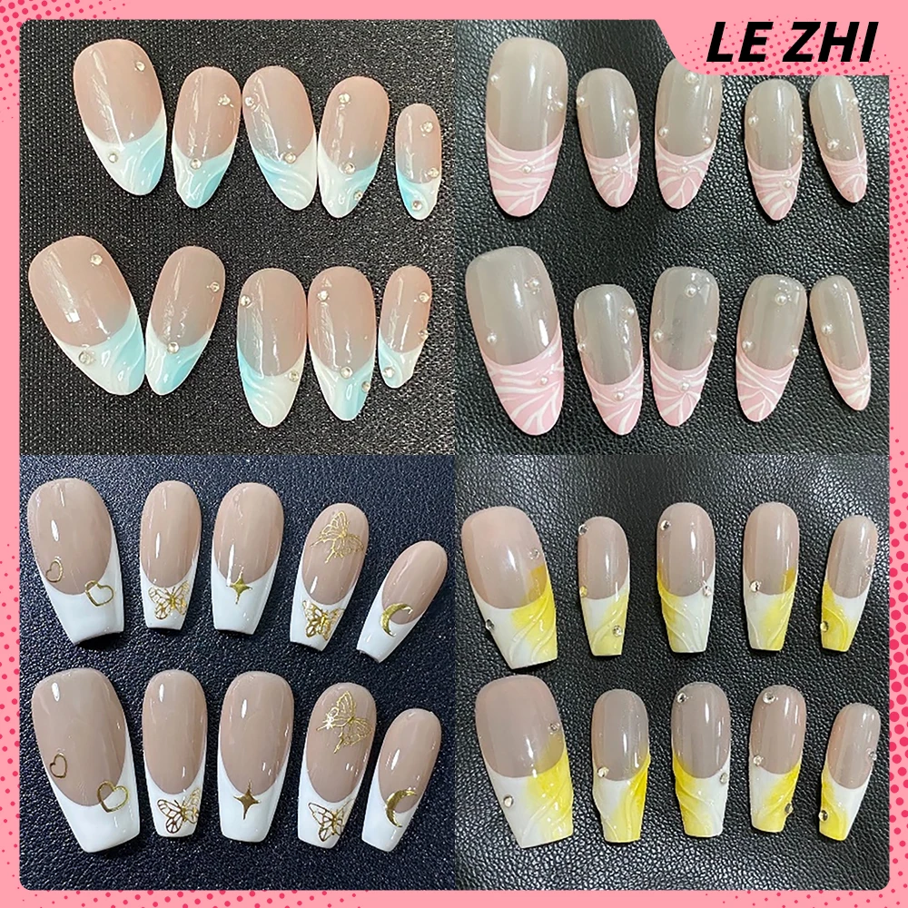 

10Pcs Advanced Simplicity Handmade Press On Nails French Long Coffin Almond Diamond Bowknot Full Cover Detachable Art Nails Tips