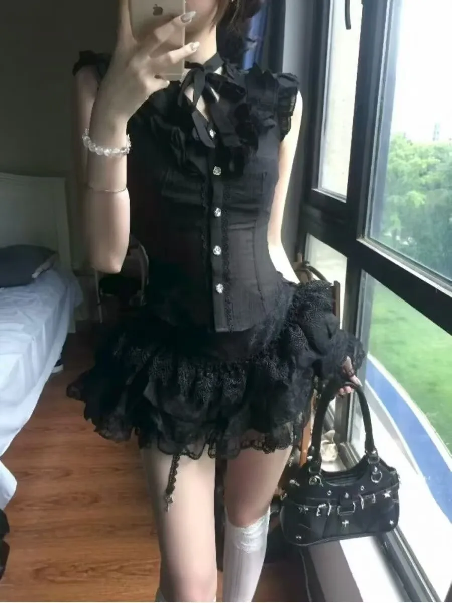 Summer Black Gothic 2 Piece Set Women Lace Ruffle Corset Top + Tiered Lace Cake Mini Skirt Women Y2K Grunge Aesthetic Outfit view 3