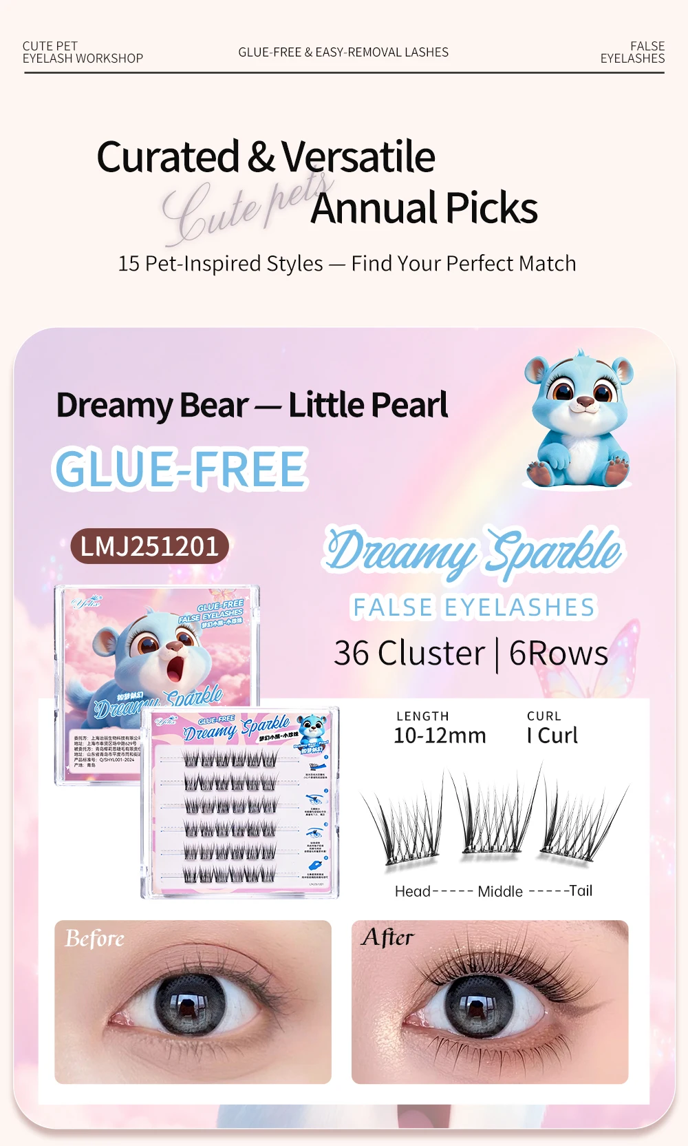 Yelix Kleberfreie Falsche Wimpern 15 Stile Selbstklebende Cluster-Wimpern Natürliche Einzelwimpern-Verlängerungen Großhandel Wimpern-Zubehör – Detail 7