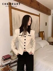 CHEERART Contrast Color Blazer Jacket Women Autumn 2024 Button Up Pockets Designer Coat Luxury Designer Outerwear Fall Clothes