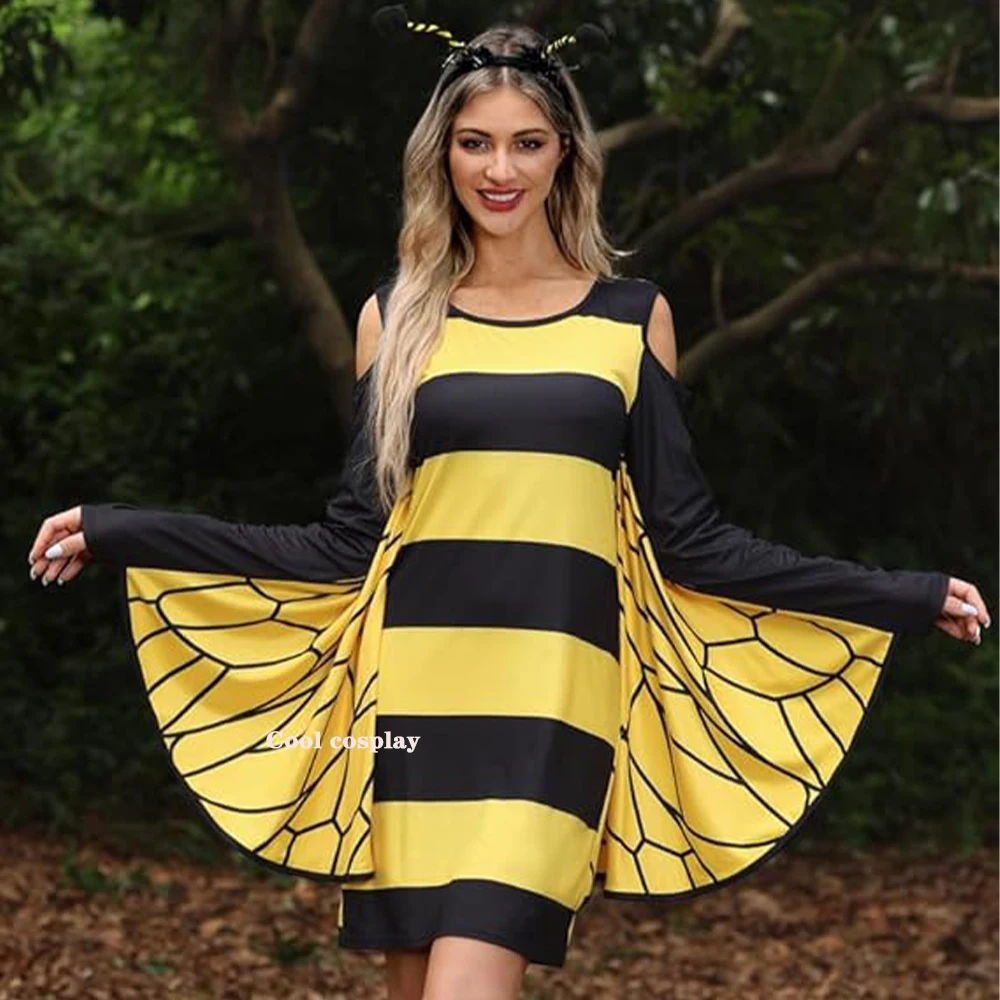 

Halloween Bee Ladybug Adult Children Cosplay Costumes Holiday Striped Patchwork Bee Dresses Clothing For Women