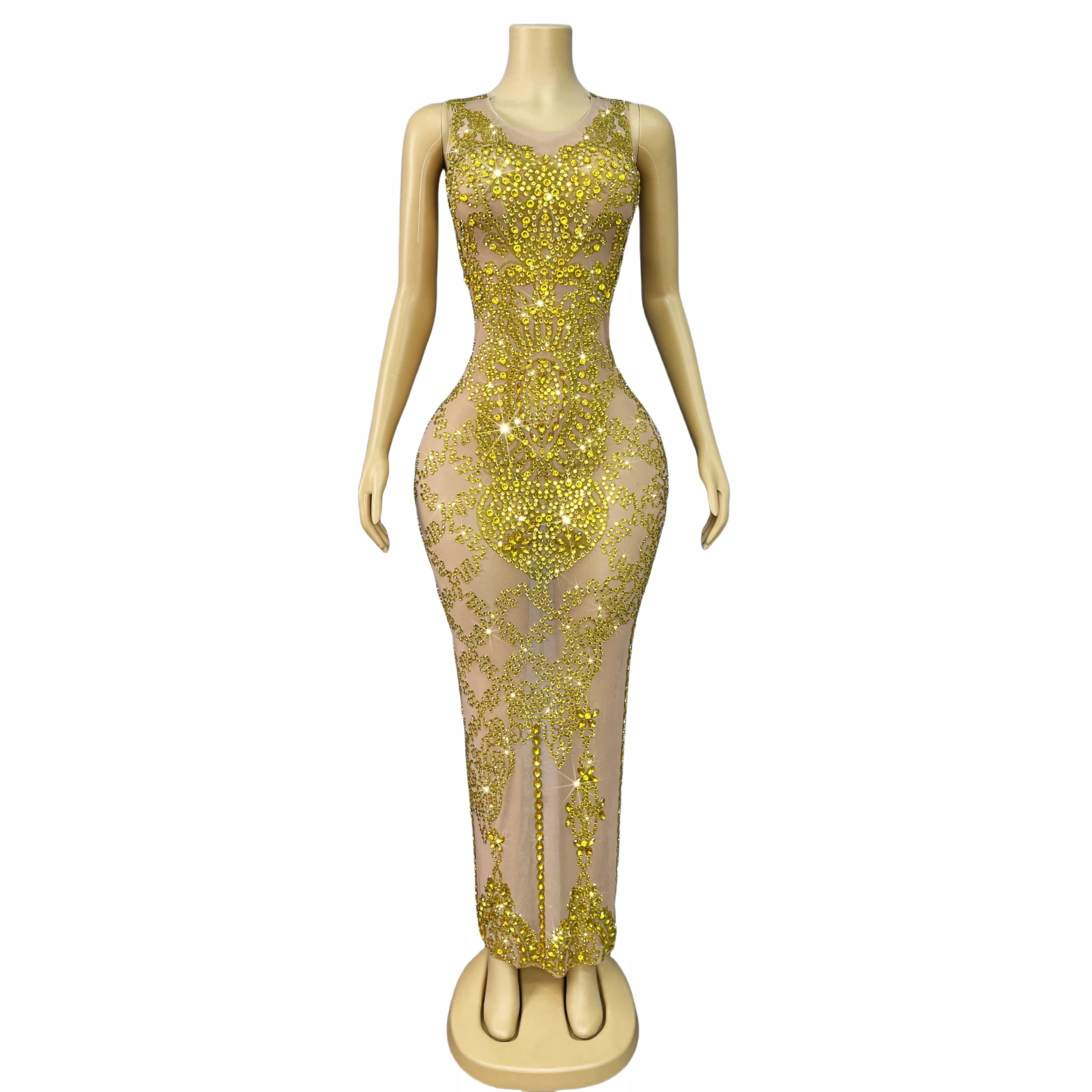 Scintillant or strass Sexy culture nue maille robe haut de gamme soirée Cocktail robe élégante tapis rouge Costume Dajin