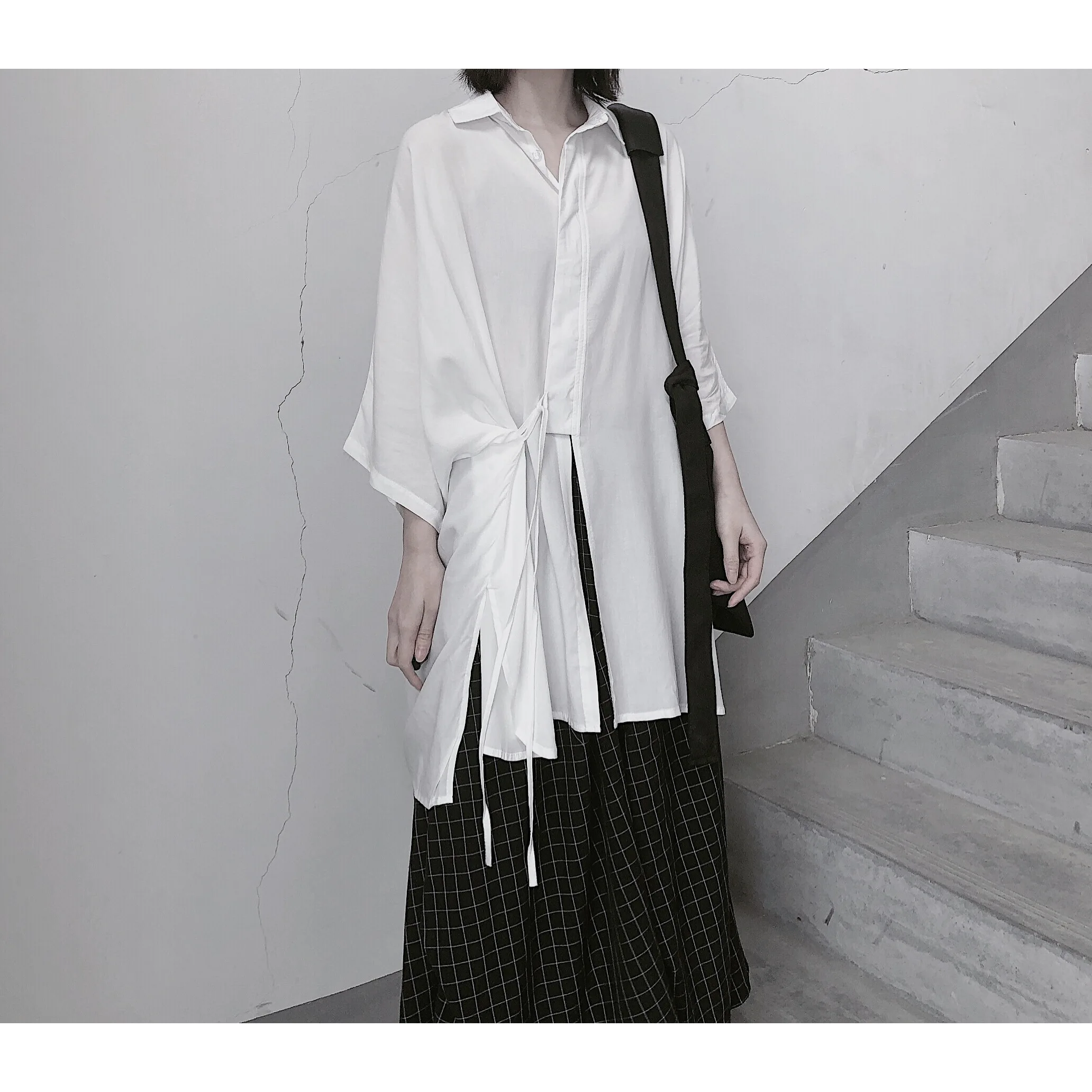 

Slim Fit Batwing Sleeve Shirt Belt Design Unique Style Thin Material Polyester Original Design Pure Color Square Collar Shirt