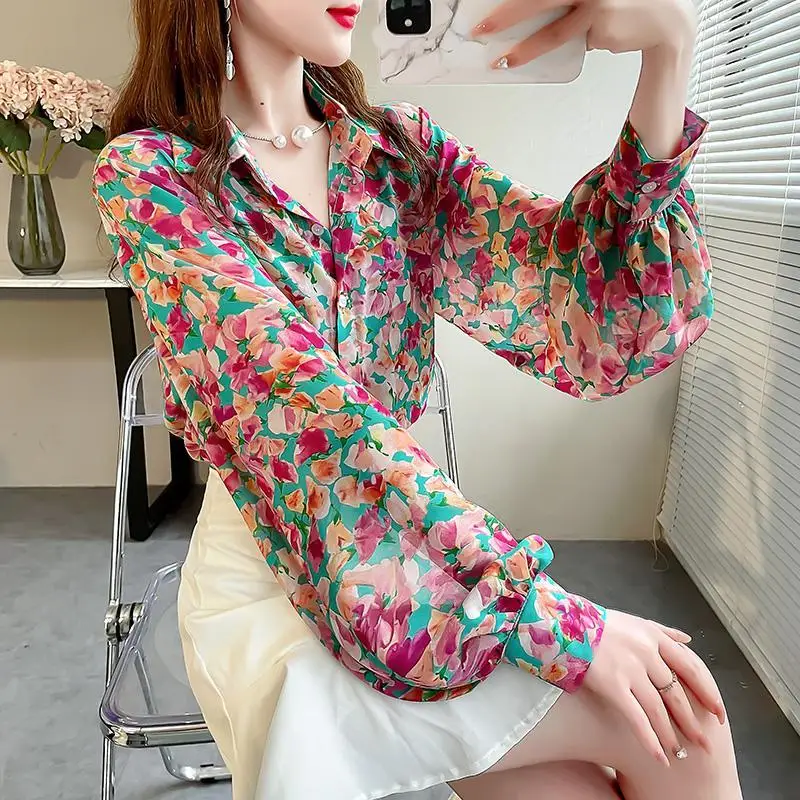 Hong Kong Style Contrasting Colors Printed Shirt Women's Clothing Single-breasted Spring Autumn New Long Sleeve Polo-Neck Blouse