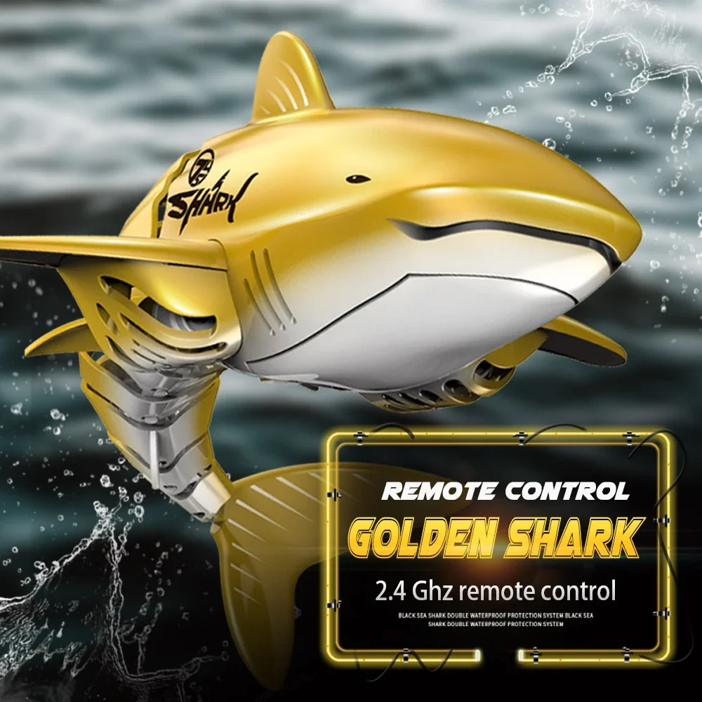 Oversize 2.4G Simulation Radio Remote Control Electric Golden Shark Swimming Pool Fish Boat Charging Speedboat Toy Gift For Kids