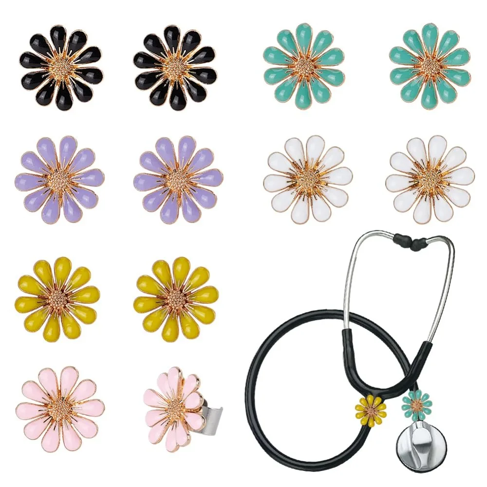 12 pièces 6 couleurs marguerite stéthoscope breloques 0.6x0.7 pouces fleur stéthoscope étiquette stéthoscope réglable ID étiquette faisant kit