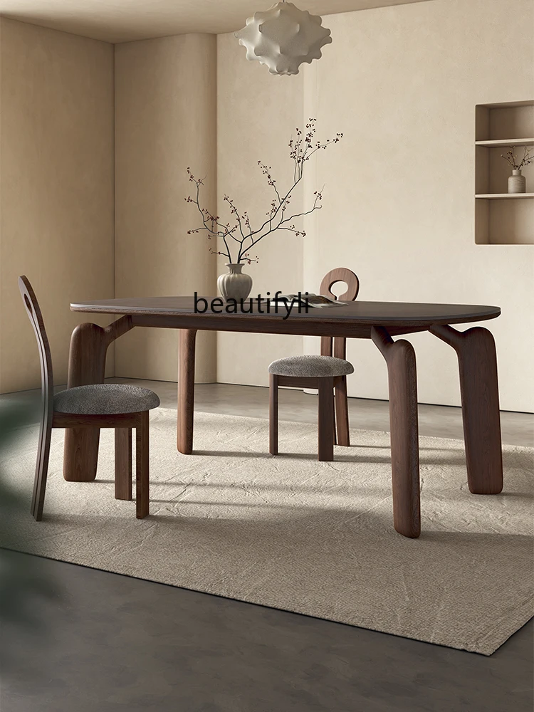 Yuji Mid-Ancient Style Solid Wood Dining-Table Chair Ash High-End Nordic Stone Plate Dining Table