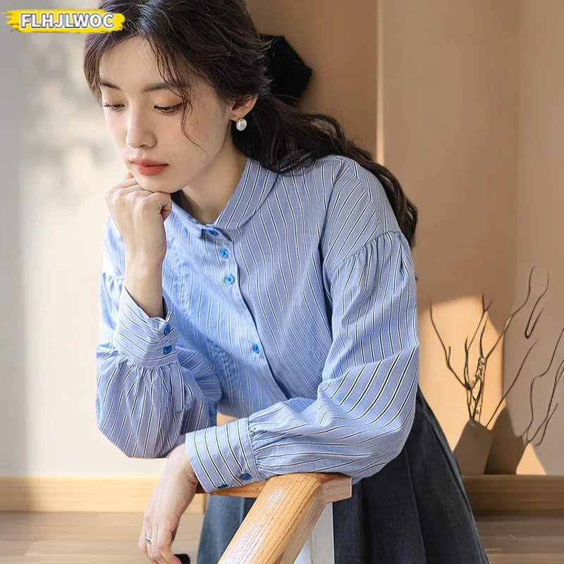 

Lantern Sleeve Cotton Blends Tops Blouses 2025 Spring Japan Girls Preppy Style Loose Boyfriend Design Button Blue Stripe Shirts
