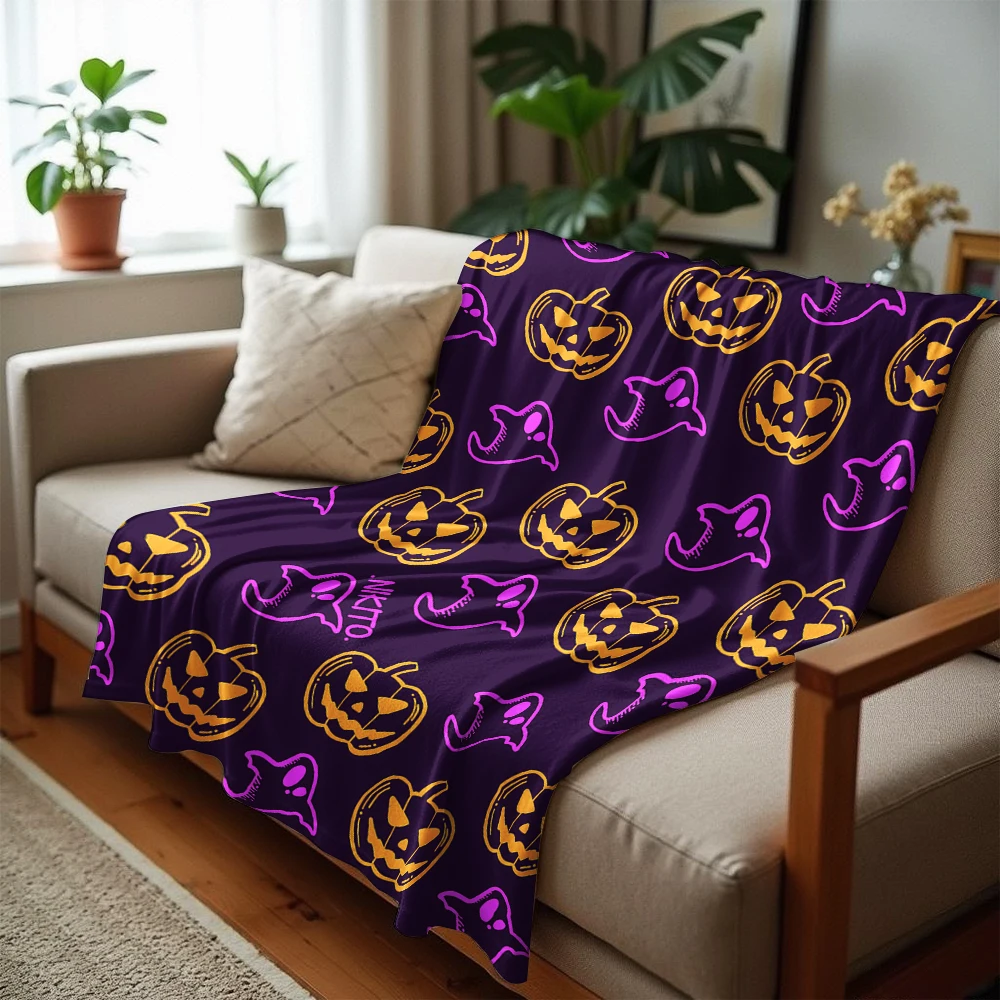 Purple Halloween Pumpkin Ghost Soft Flannel Blanket Breathable Warm Throw for Office Car Sofa Kids Room Birthday Xmas Gift