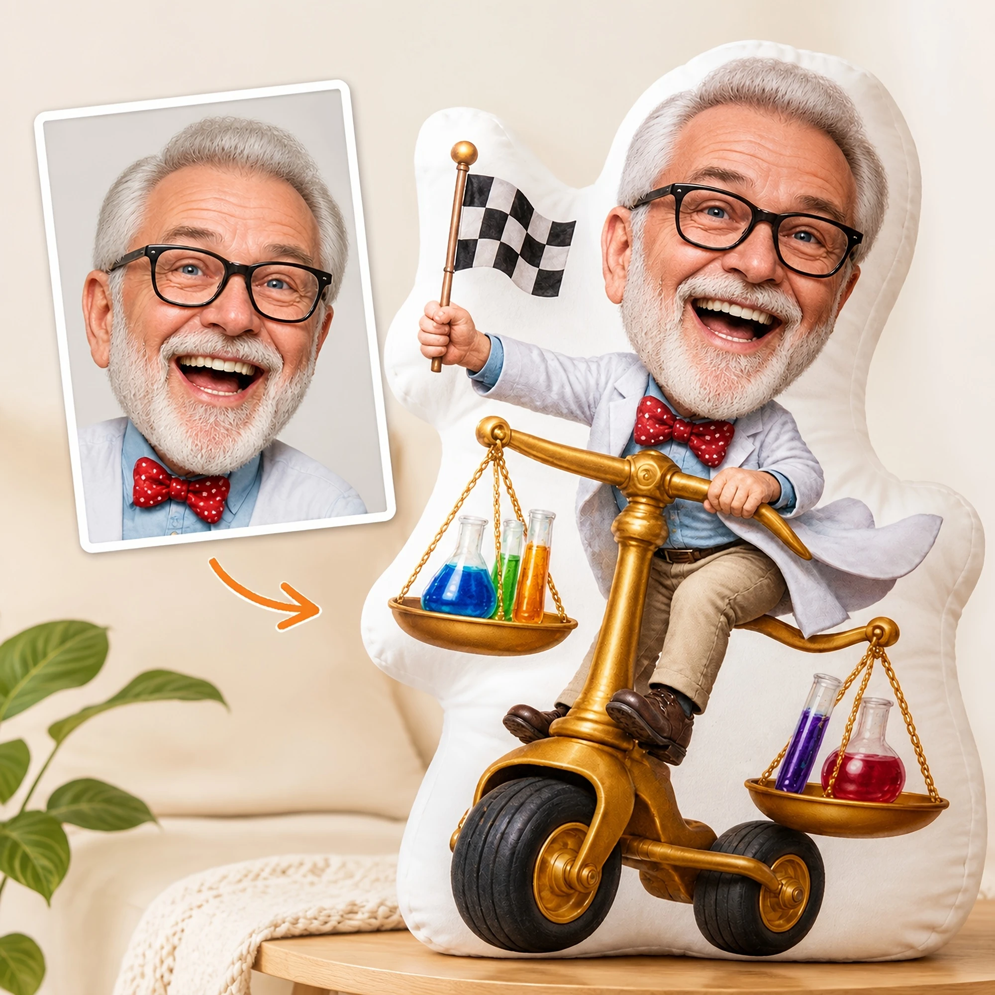 1pc Custom Double-Sided Printed Funny Irregular Shaped Throw Pillow, Whimsical Scientist Riding Balance Scale Design for Playful