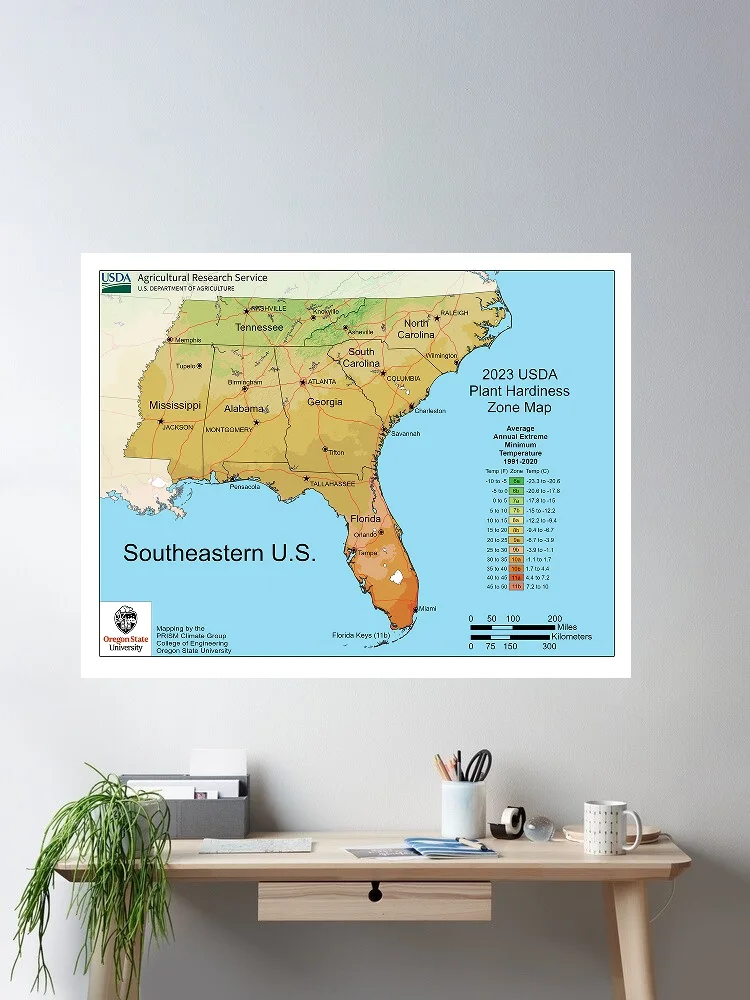 USA South East US Plant Hardiness Zone Map, Art Print Canvas Poster, Living Room Decor, Home Wall Picture