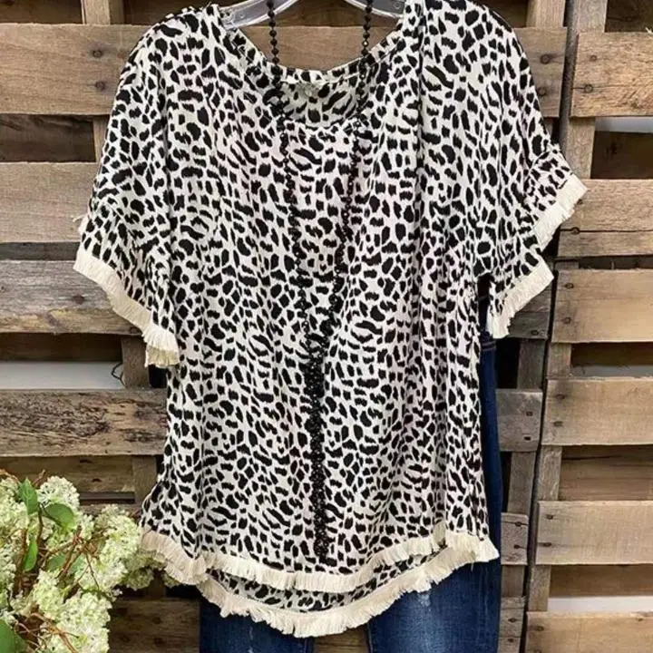 

Модная женская футболка с изогнутой талией, топ для поездок на работу, расклешенное волокно из полиэстера с принтом, свечой Neline, осенний леопардовый узор