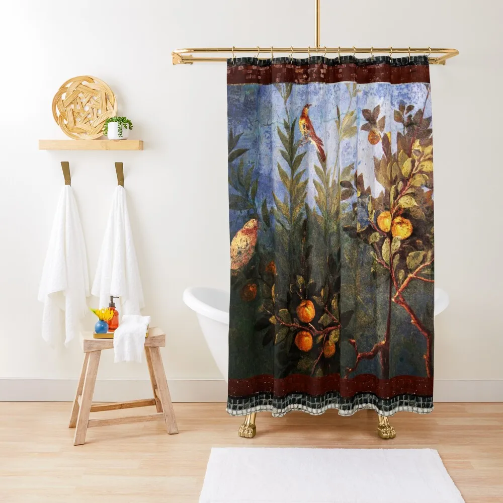 ANTIQUE ROMAN WALL PAINTING Flower Garden Flying Birds Over Quince Trees Shower Curtain Luxury Bathroom Anime Bathroom Curtain