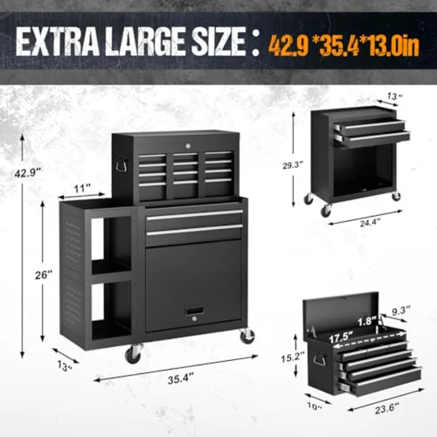 8 Drawers Rolling Tool Chest High Capacity with Wheels Heavy Duty Metal Garage Tool Cart with Locking System Detachable Top Too