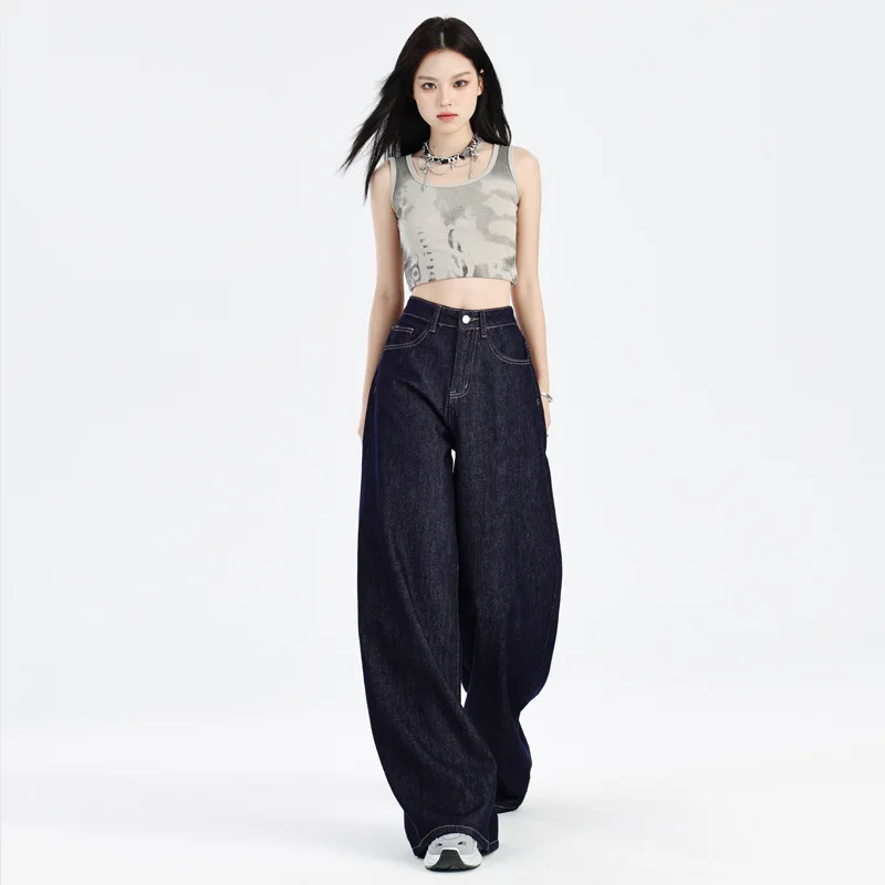 

2026 New Vintage American Black Gold Denim Pants Y2K Women's Loose Wide Leg Trousers Design Sense Garter Pleat Knife Shape Jeans