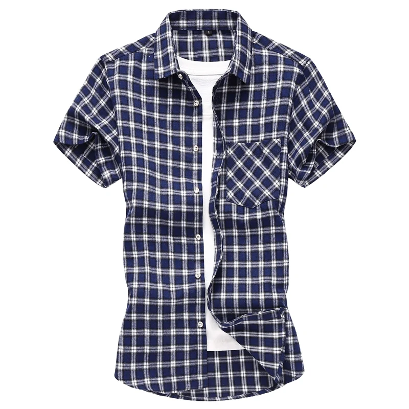 Striped Plaid Short-sleeved Shirt Men\'s Single-breasted Square Collar Cotton Shirts Summer Fashion Casual Camisa Men Chemise 7XL