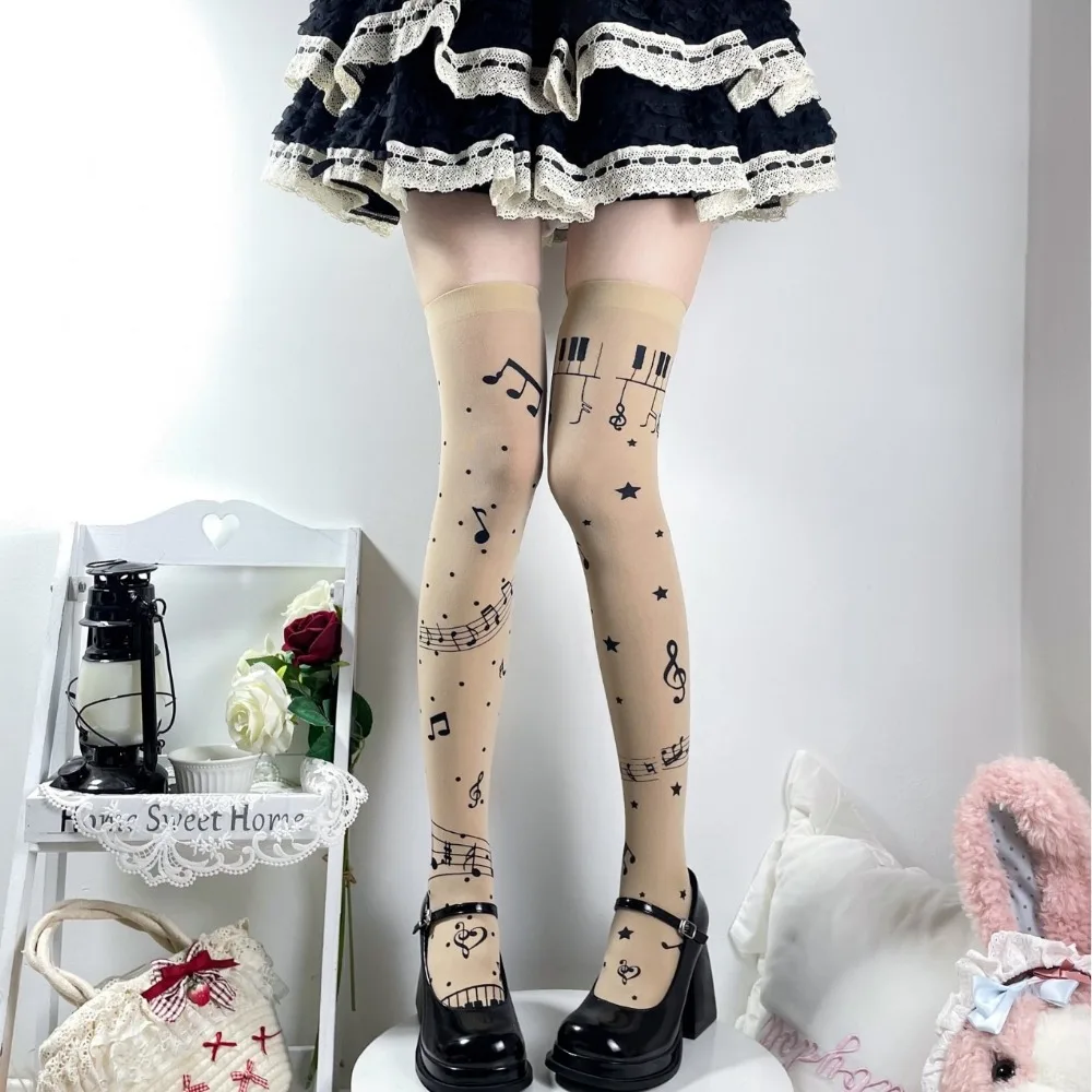 1 Pair Summer Thin Musical Note Sheer Pantyhose for Women Sweet Cool Lolita School Style Versatile Tights Breathable Stockings