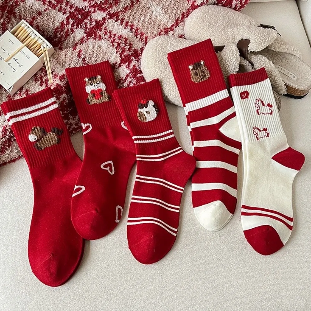 

Festive Socks Cotton Horse Pattern Socks Elastic Comfortable Cartoon Red Socks Soft Breathable Zodiac Year Socks Party