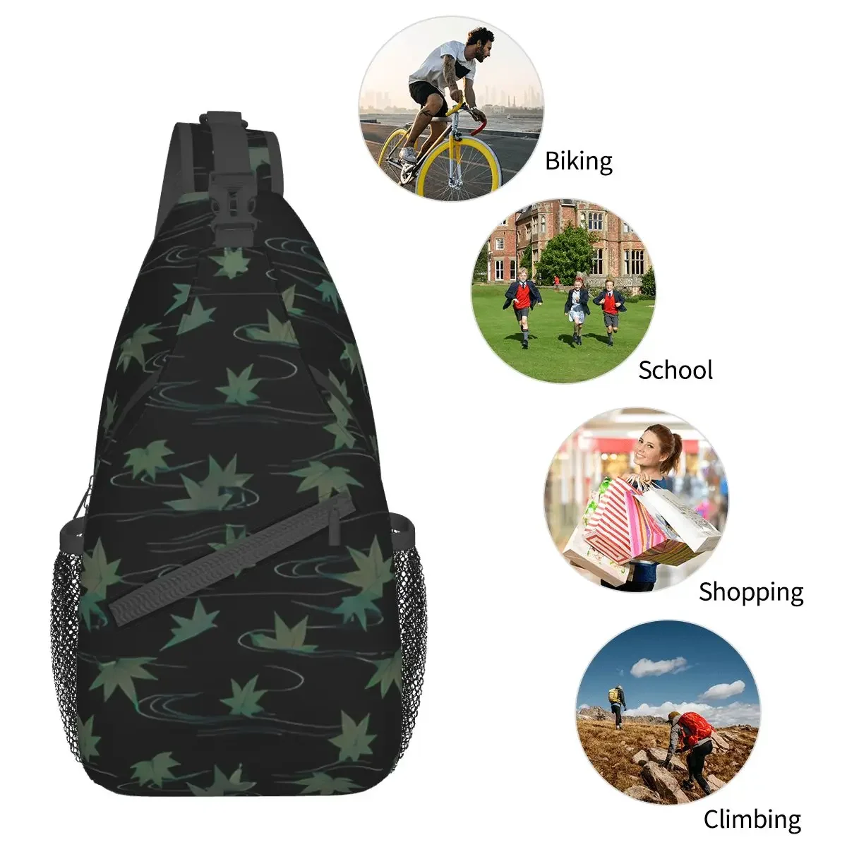 Momiji-bolsas cruzadas geométricas de Hojas de arce negras para adolescentes, bolsos de pecho, bolsillos para tatuajes artísticos, paquete de viaje, bandolera deportiva