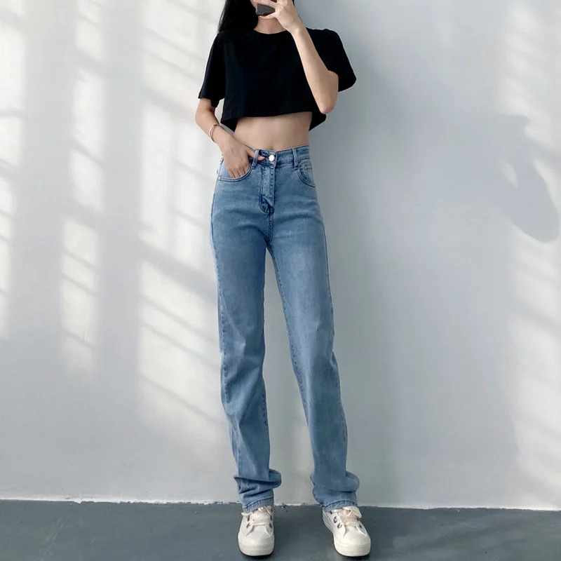 

Jeans Women Slim High Waist Elasticity Straight Denim College Streetwear Korean Style All Match Full Length Thin Summer Female