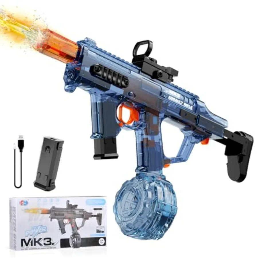 Electric Water Gun for Adults: Blue Outdoor Pool Beach Toy, ABS Plastic, Blue, Long Range Powerful Motor LED Light-Up Nozzle, 2