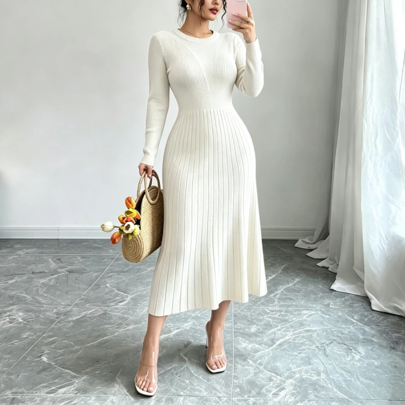 Women Knit Sweater Maxi Dress Long Sleeve Round Neck Elastic Slimi Bodycon Dress Elegant Party Casual Ladies Knitted Dress - view 2