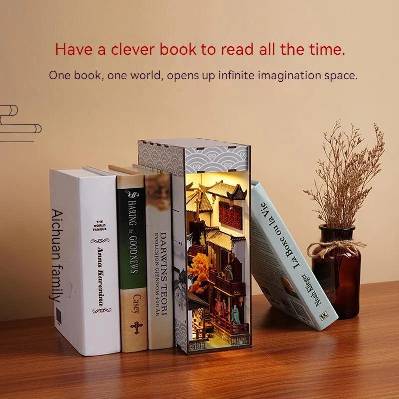 2023 New Diy Assembled Book Standing Cottage 3d Pop-up Book Standing Wooden Assembled Model Office Storage Creative Gifts