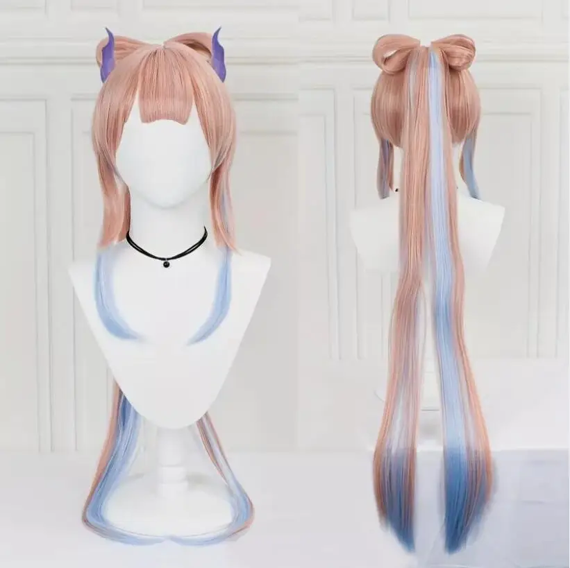 Wig Anime tahan panas sintetis Wig lurus panjang dengan poni rambut ekor kuda