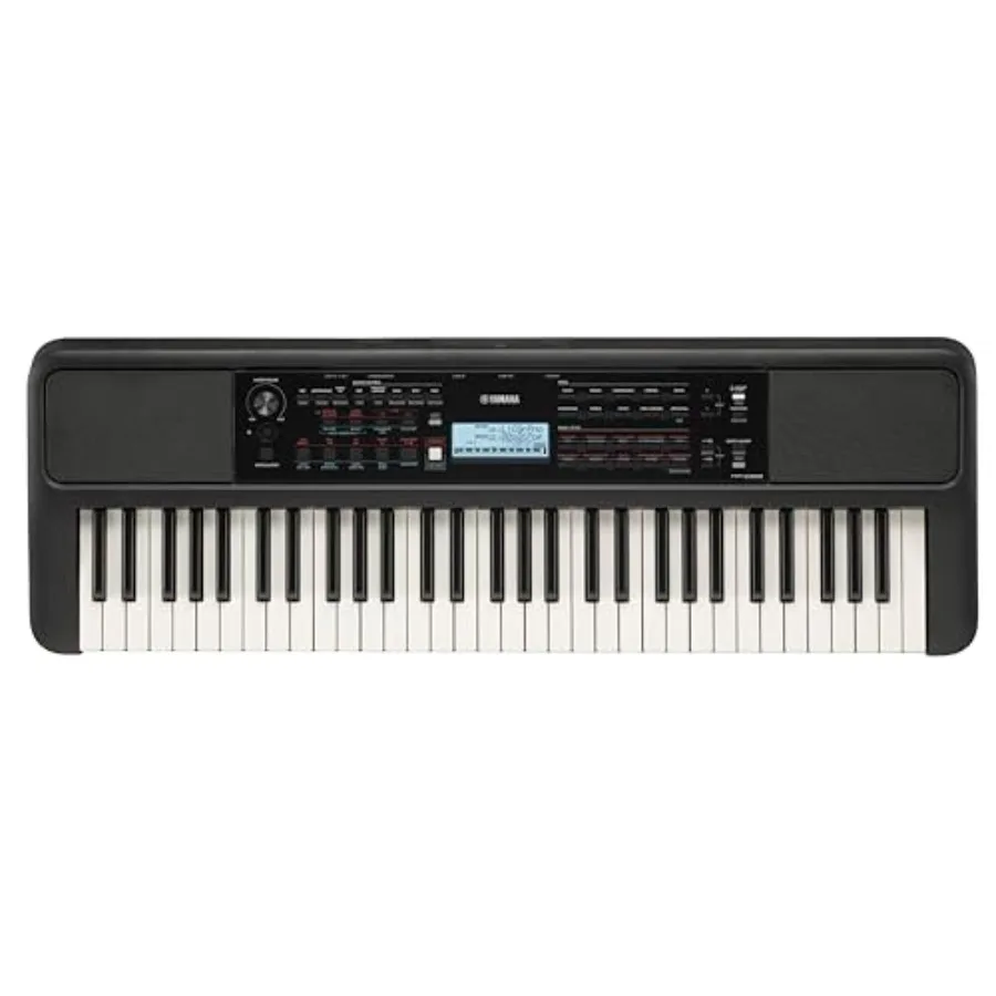 

Portable keyboard for beginners with 61 touch-sensitive keys, music rest, power adapter; black plastic housing; responsive key