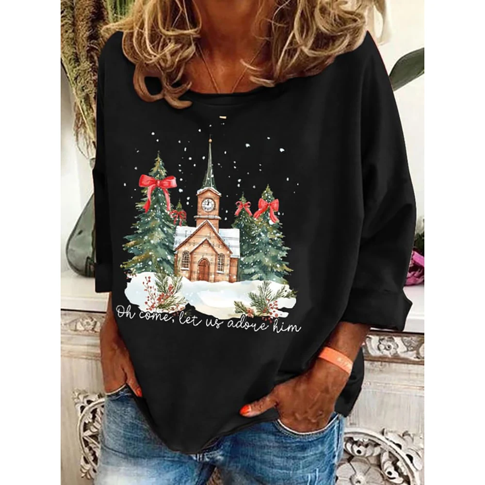 Women\'s Christmas Trees Print Causal T-Shirt O-Neck Cotton Tops Autumn Ladies Pullover Harajuku Long Sleeve Female Loose Clothes