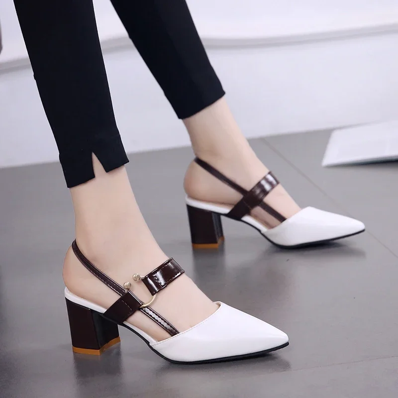 Zapatos de mujer tendencia 2024, zapatos de cuero genuino, tacones de bloque de tacón medio, sandalias gruesas de diseñador de lujo con espejo,