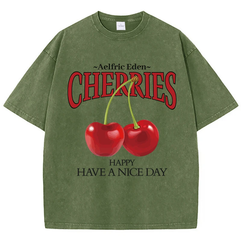 Cherries Fruit Funny Printing Men Washed Clothing Breathable Summer T-Shirt Street Fashion Tops Harajuku O-Neck Short Sleeved