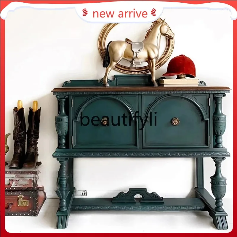 

D2520 French retro wind solid wood carving flower porch dining side cabinet villa art living room decorative cabinet