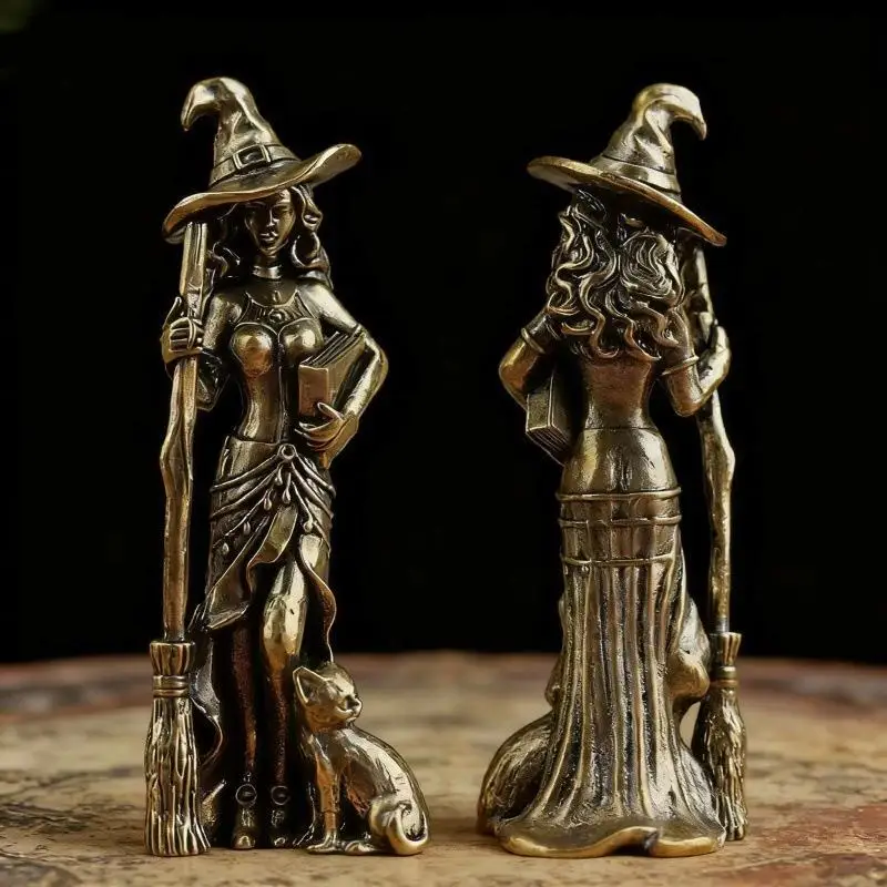 Vintage Brass Witch Statue Figurines Decor Crafts Ancient Witch Woman Sculpture Home Office Desktop Decor Accessories