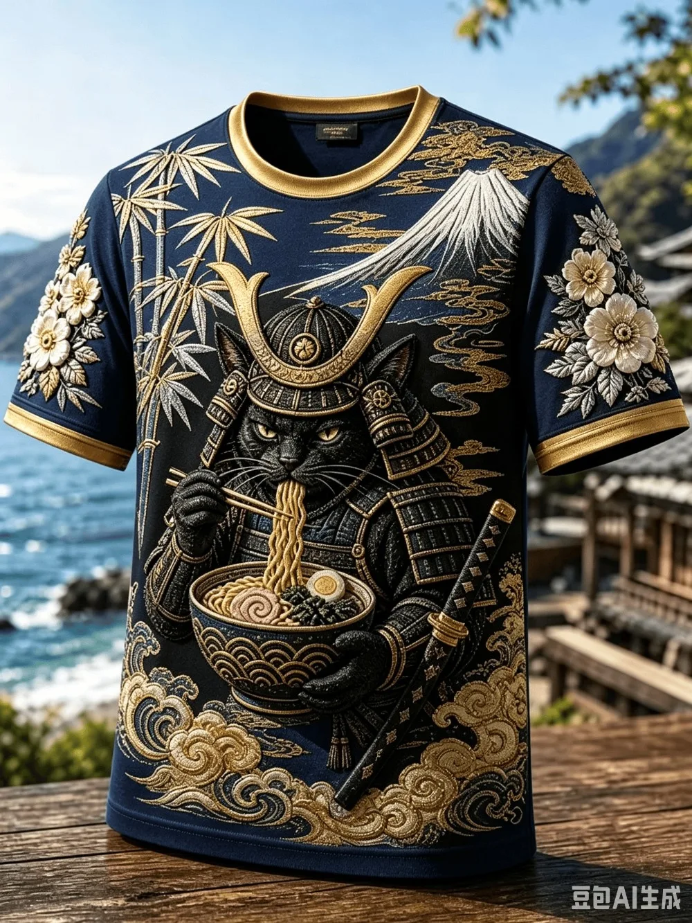 Fashion Japanese Ukiyo-e Warrior Black Cat Eat Ramen3D Print Casual Street Punk Outdoor Fitness Men Plus-size Tshir parent-child