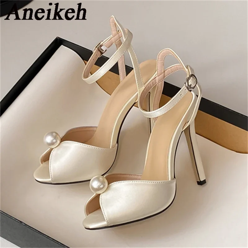 Aneikeh Satin Silk String Bead Peep Toe Pumps Thin Heels Gladiator Fashion Ankle Strap Sandalias 2025 Wedding Bridal Shoes Women