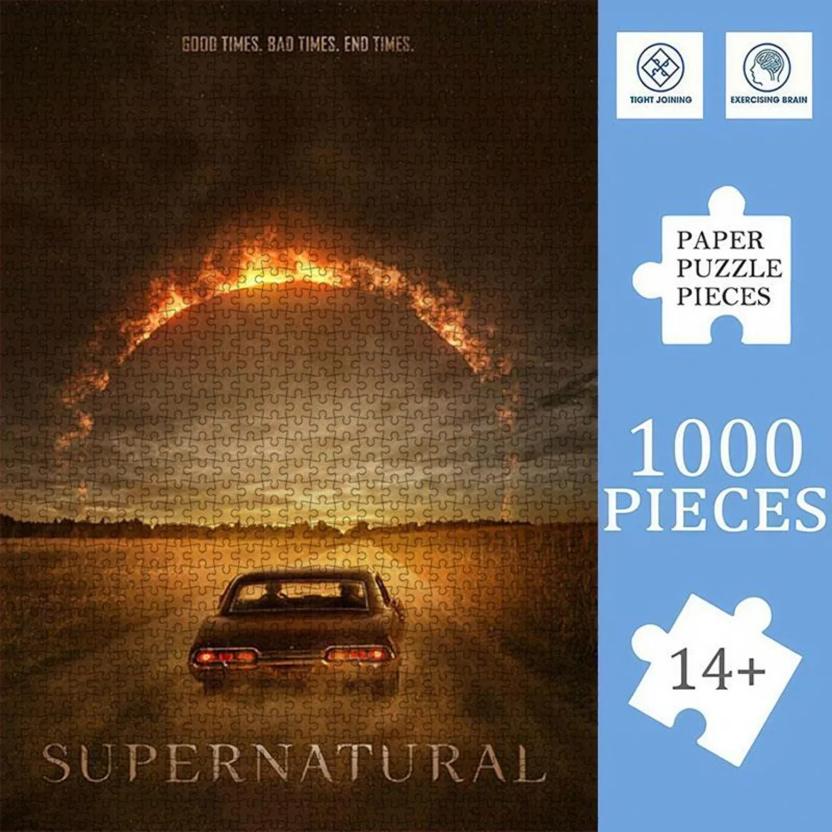 

1000pcs Supernatural TV Show Puzzle - Vintage Muscle Car & Fiery Sky Design with Dean Winchester's Vehicle - Challenge for Adu