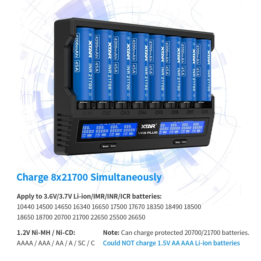 

XTAR VC8 PLUS Charger Kit – Includes 8×18650 4000mAh / 8×21700 6000mAh – 8-Slot Fast Charging Capacity Test Storage Mode
