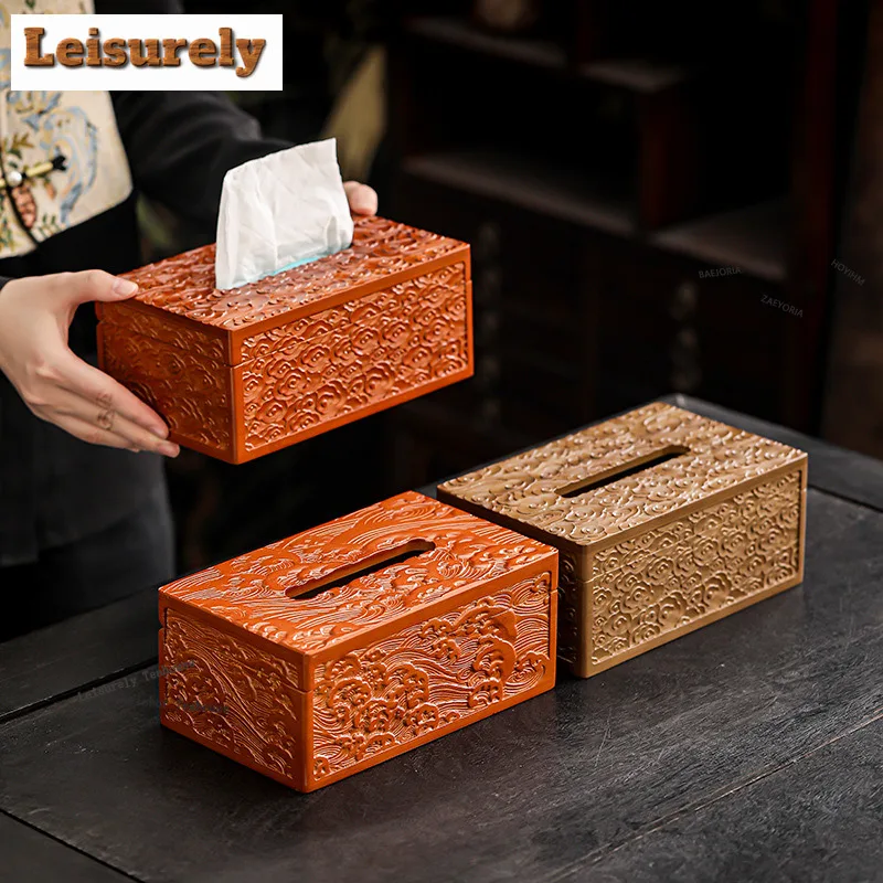 HOYIHM Bamboo Embossed Wave Auspicious Clouds Tissue Box Wet Wipes Case Removable Paper Drawer Car Napkin Storage Ornaments Gift