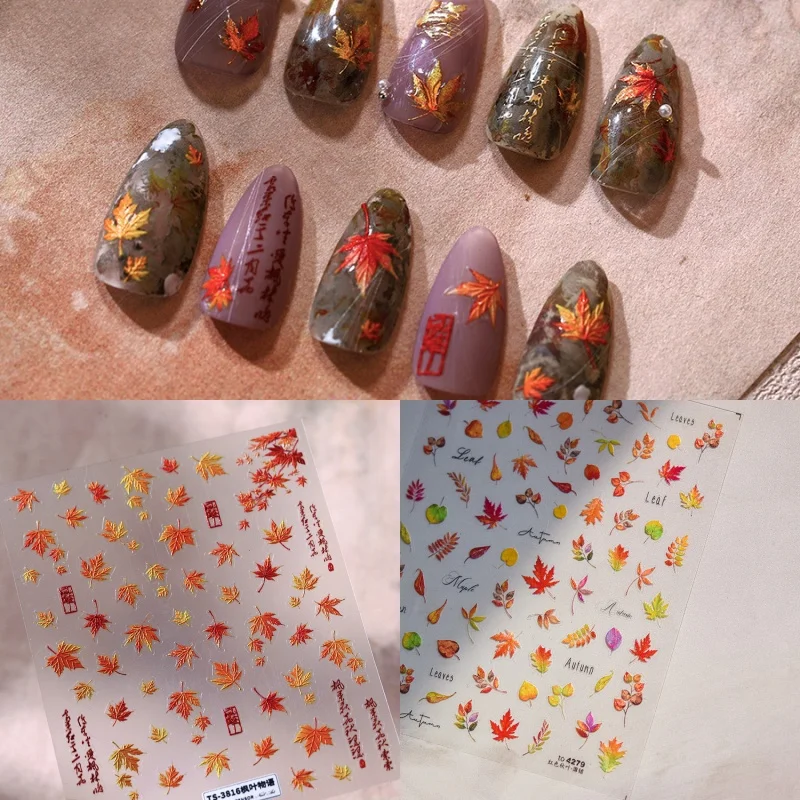 2pcs/Set Autumn Maple Leaves Nail Stickers 3D Nails Decorations Decals 5D Embossed Bronzing Leafs Self Adhesive Nail Art Sticker