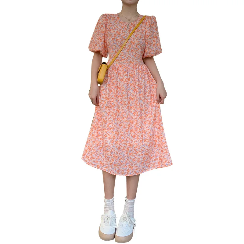 Floral Midi Dresses Women Loose Puff Sleeve Sweet Prairie Chic Casual Ulzzang Summer Girlish Tender Popular Streetwear Holiday