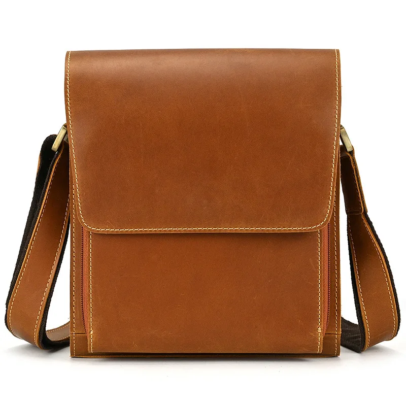 Men's Leather Shoulder Bag Crazy Horse Leather Crossbody Bag Top Layer Cowhide Flap Shoulder Bag iPad Bag Cross Border