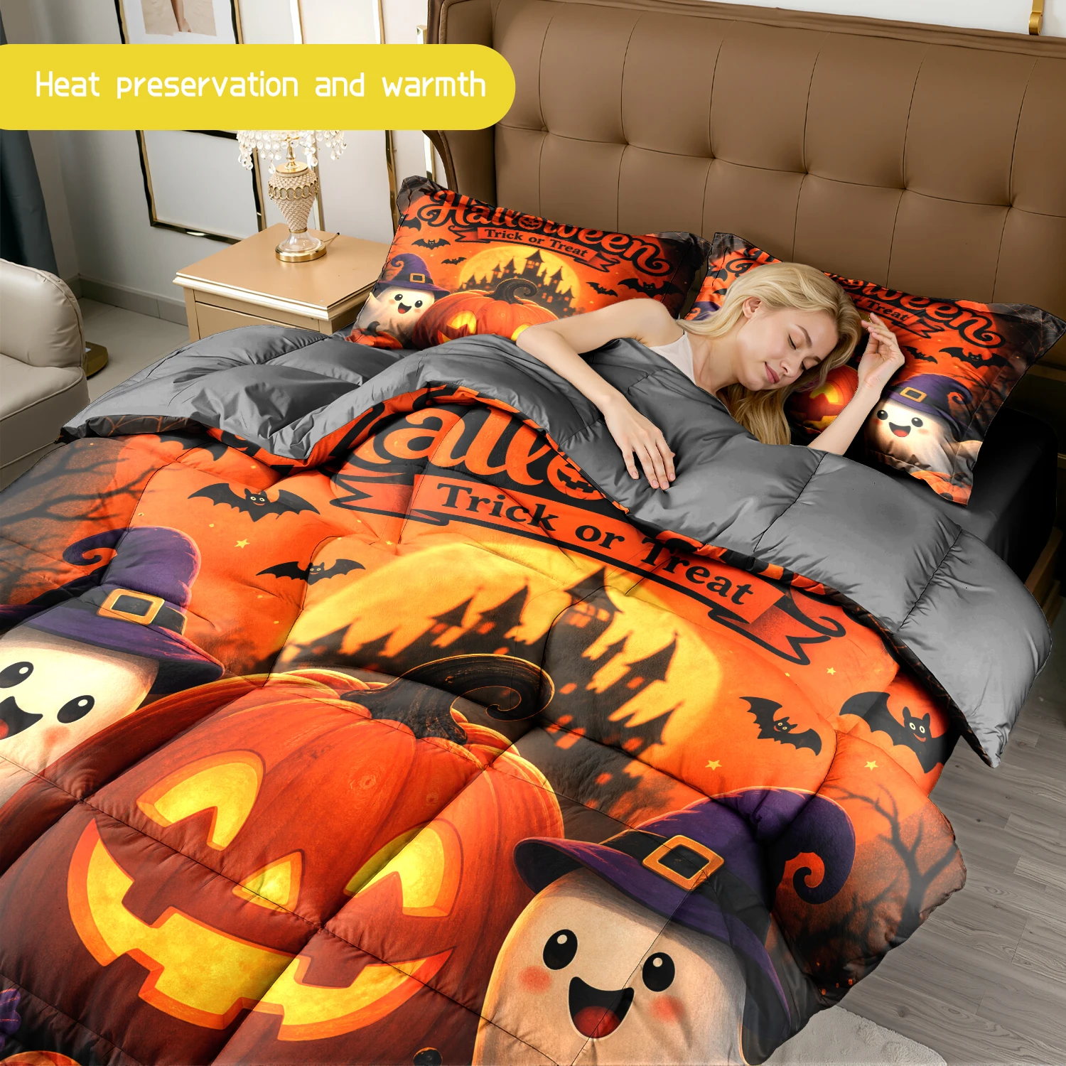 3pcs Halloween Comforter Bedding Set-1pc Comforter + 2pcs Pillowcases Soft Breathable for Home Decor Style 203