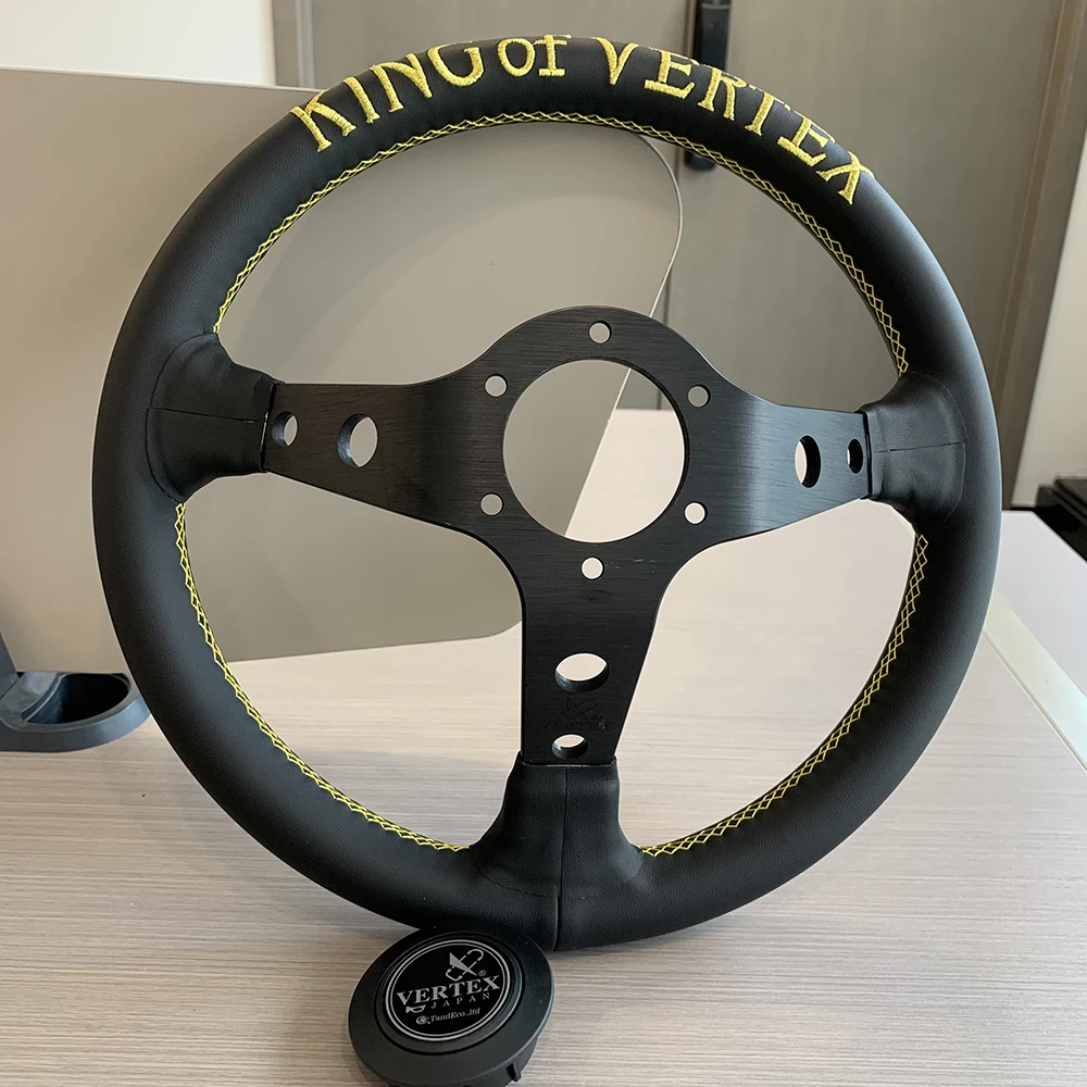 Universal13inch Black embroidery KING of VERTE Leather Modified Performance Deep Dish Tuning Sport Steering Wheel